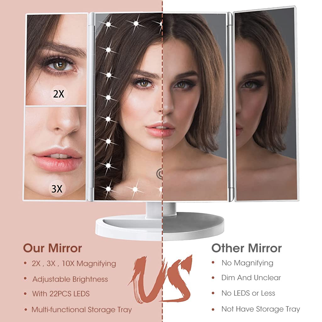 MAYCREATE LED Makeup Mirror 3-Sided Vanity Mirror Fold-up Makeup Mirror with 1X 2X 3X 10X Magnifying, Touch Button Control, USB/Battery Powered LED Makeup Mirror
