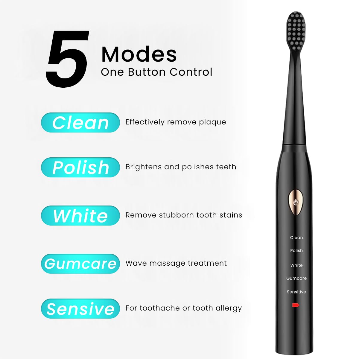 HANNEA USB Electric Toothbrush Ultra-sonic Electric Toothbrush with 4 Replacement Bristles Brush Heads, USB Rechargeable Toothbrush with 5 Modes, IPX7 Waterproof Electric Toothbrush