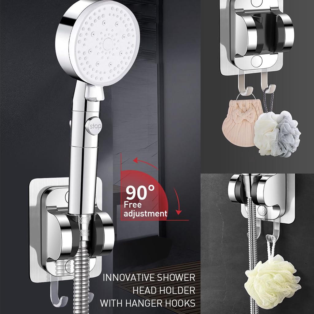 HASTHIP Shower Head Holder Wall Mount Shower Head Holder with Hanger Hooks Adjustable Shower Wand Holder Self Adhesive Shower Head Holder