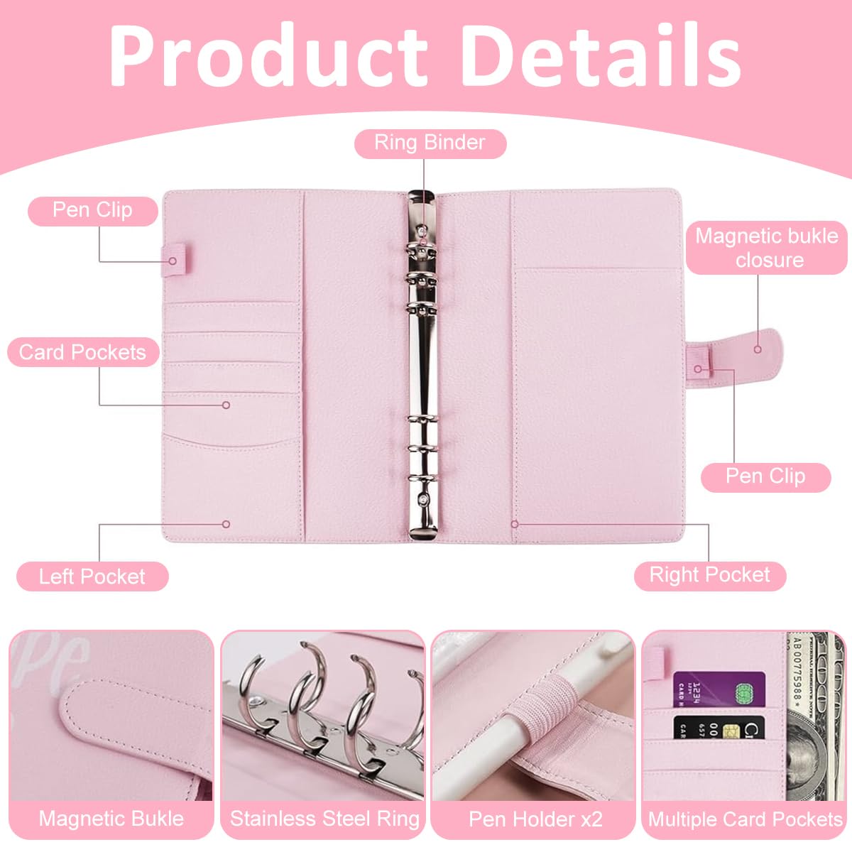 HASTHIP Money Saving Planner A5 Budget Binder 100 Days Money Saving Plan Binder with 100 Cash Envelopes Money Saving Budget Binder for Planning and Saving, Pink