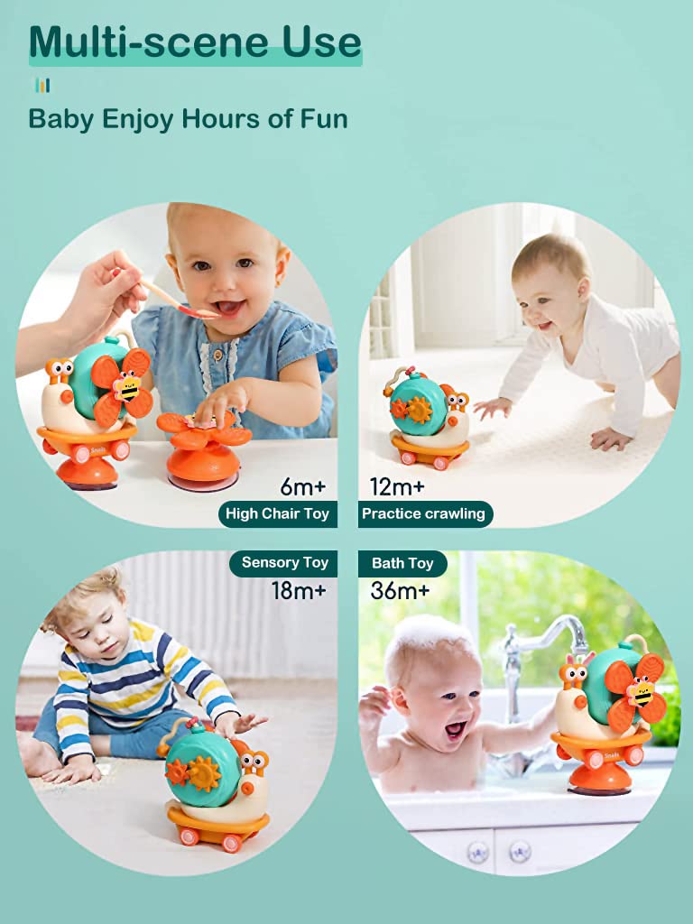 PATPAT Baby Bath Toys Cartoon Snail Sensory Toys for Babies Newborn Toys Pull Back Car High High Chair Toy for Airplane Travel, Montessori Toys & Gifts for Toddlers Boys Girls 1-3 Years Old, Orange