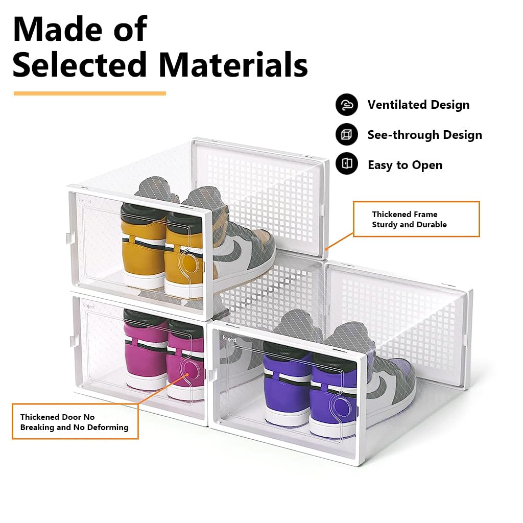 HASTHIP 12 Pack Shoe Box, Large Plastic Shoe Boxes Storage, Fit Size Men's 11, Clear Plastic Stackable Sneaker Containers Bins with Lids, Great Substitute for Shoe Rack, Space Saving (White)