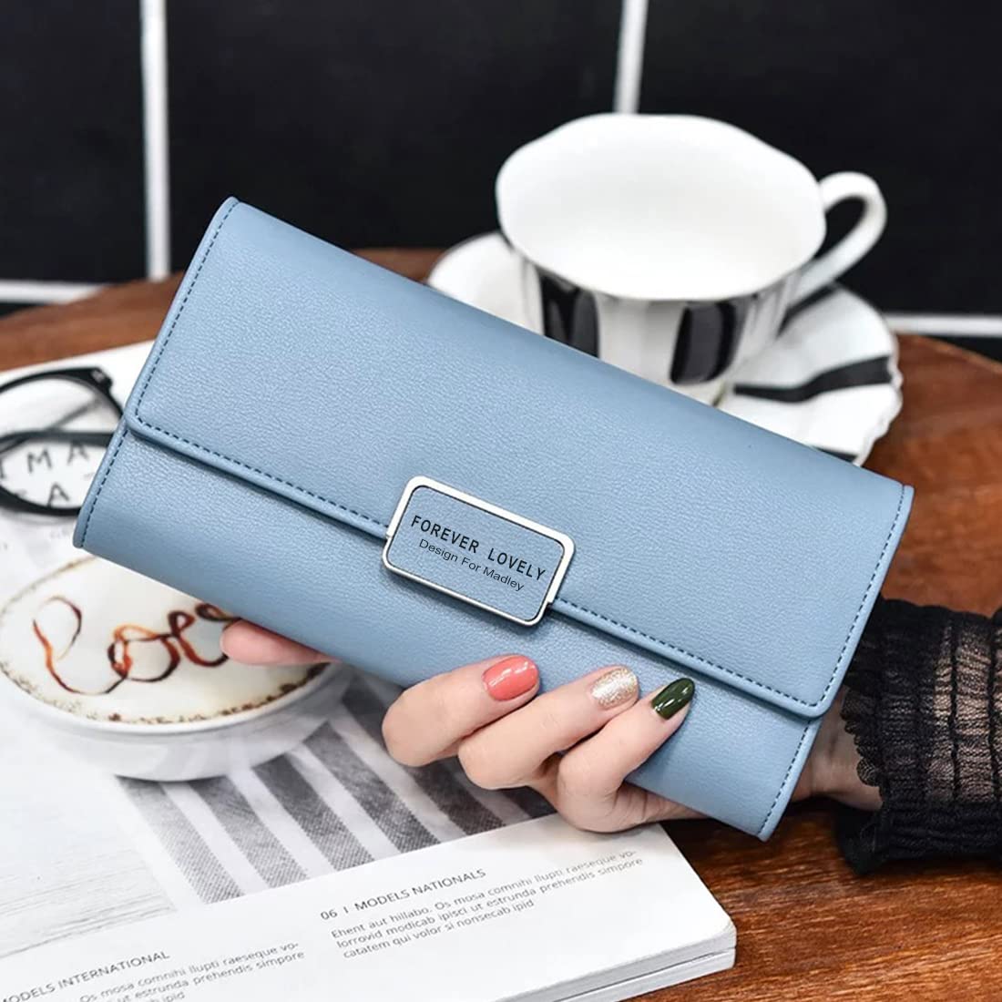 ZIBUYU Hand Wallet for Women Small Premium PU Leather Women Wallet Pouch Snap Bifold Bag for Cards Money Wallet for Girl Mini Wallet for Ladies Purse - Blue