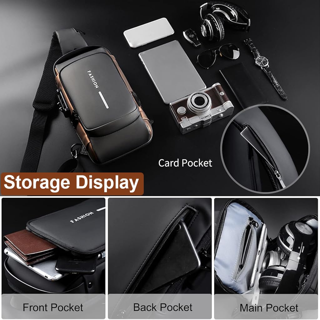ZIBUYU Chest Bag for Men Waterproof Anti Theft Sling Bag Travel Oxford Cloth with Safety Password Lock USB Port Crossbody Outdoor Bag for Men, Black