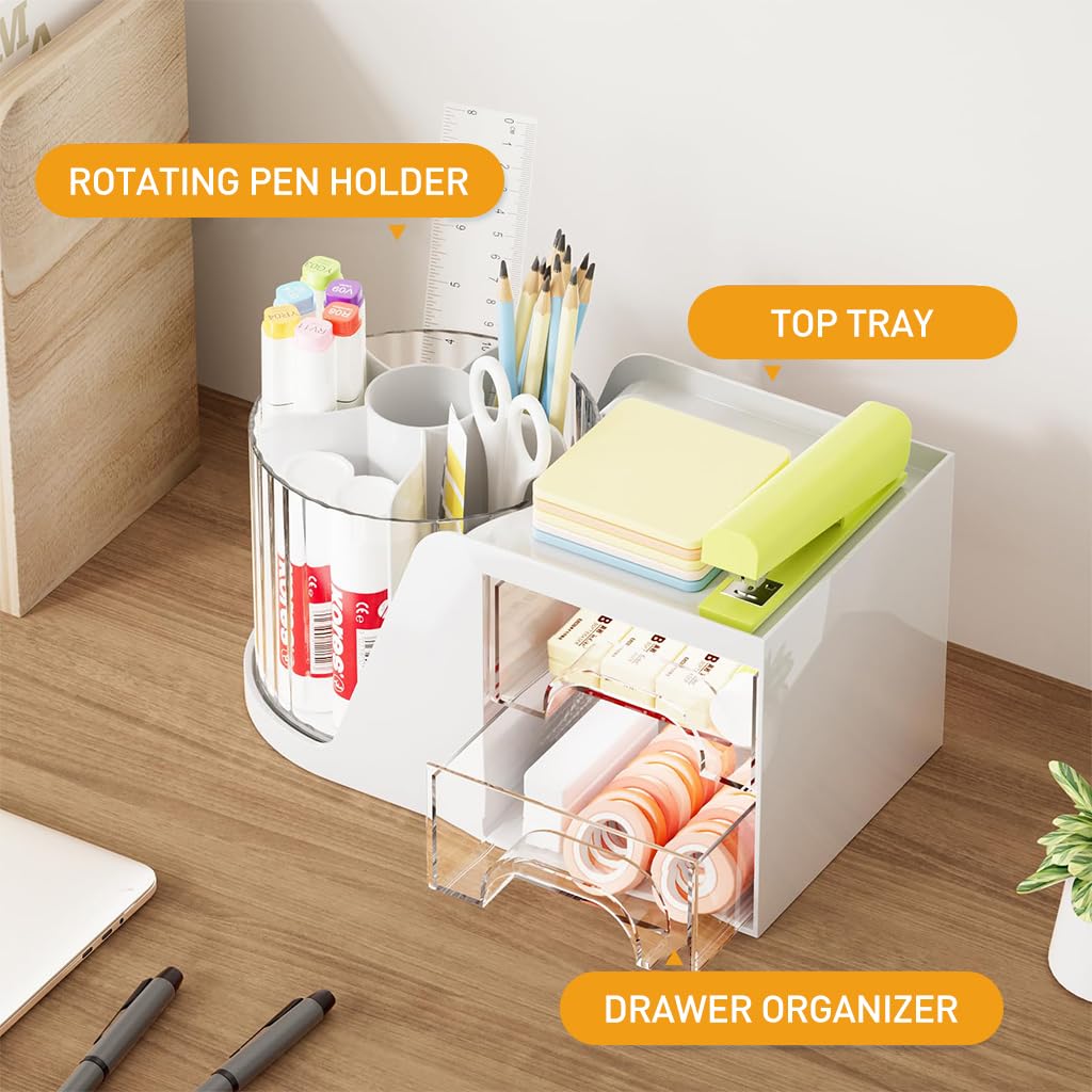 Climberty Desk Organizer with 2 Drawers, 360°Rotating Pen Holder for Desk, Desk Organizers and Accessories with 6 Slots Pencil Organizer + 2 Drawer, Art Supply Storage Box Caddy for Office (White)