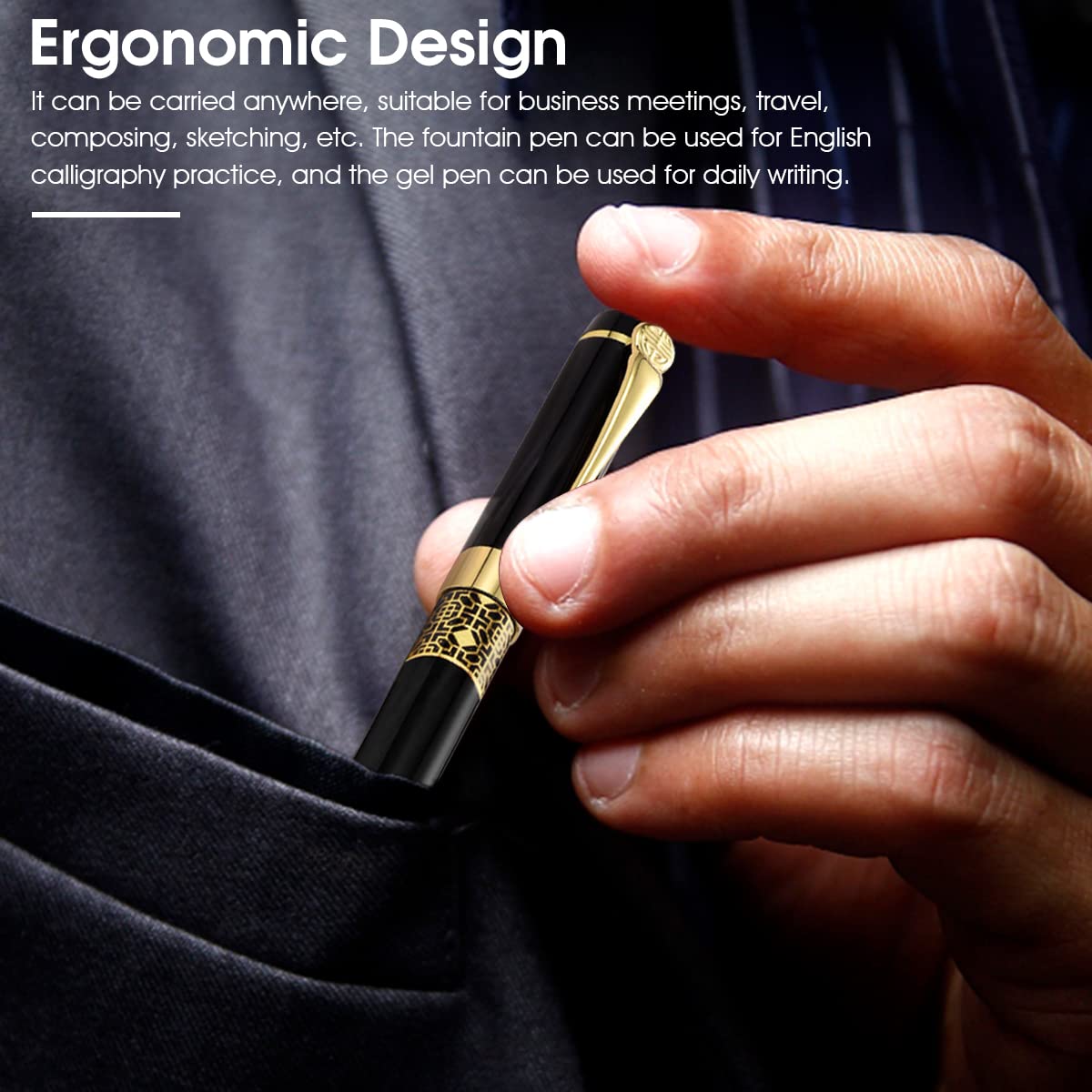 HASTHIP Gold Fountain Pen + Golden Notebook Gift Box Packing for School Office Writing Stationery, Metal Body Executive Pen for Husband Perfect Gifts Box Set