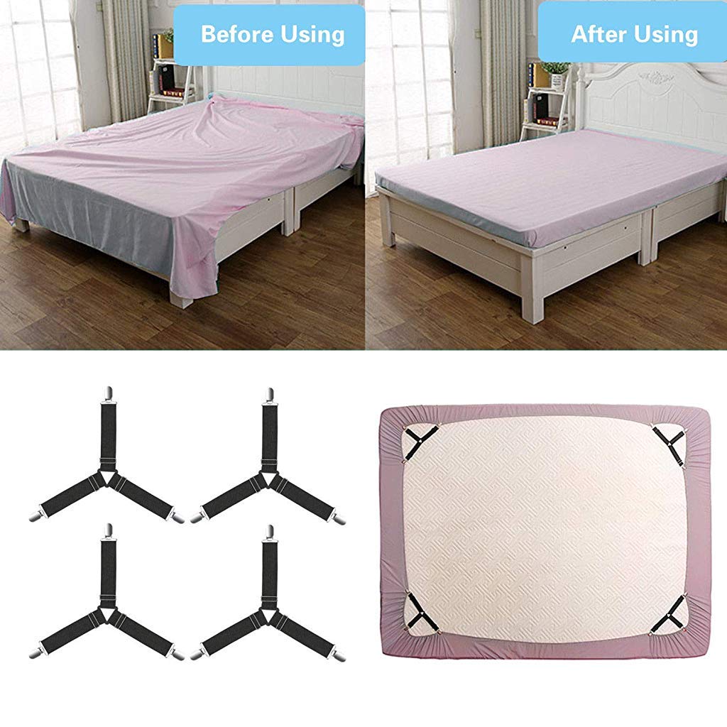 HASTHIP® Adjustable Bed Sheet Holder Straps and 3 Way Mattress Cover Holder Fasteners, Bed Sheet Keeper with Heavy Duty Grippers Clips, Triangle (4pc/Set, Free Size, Black)