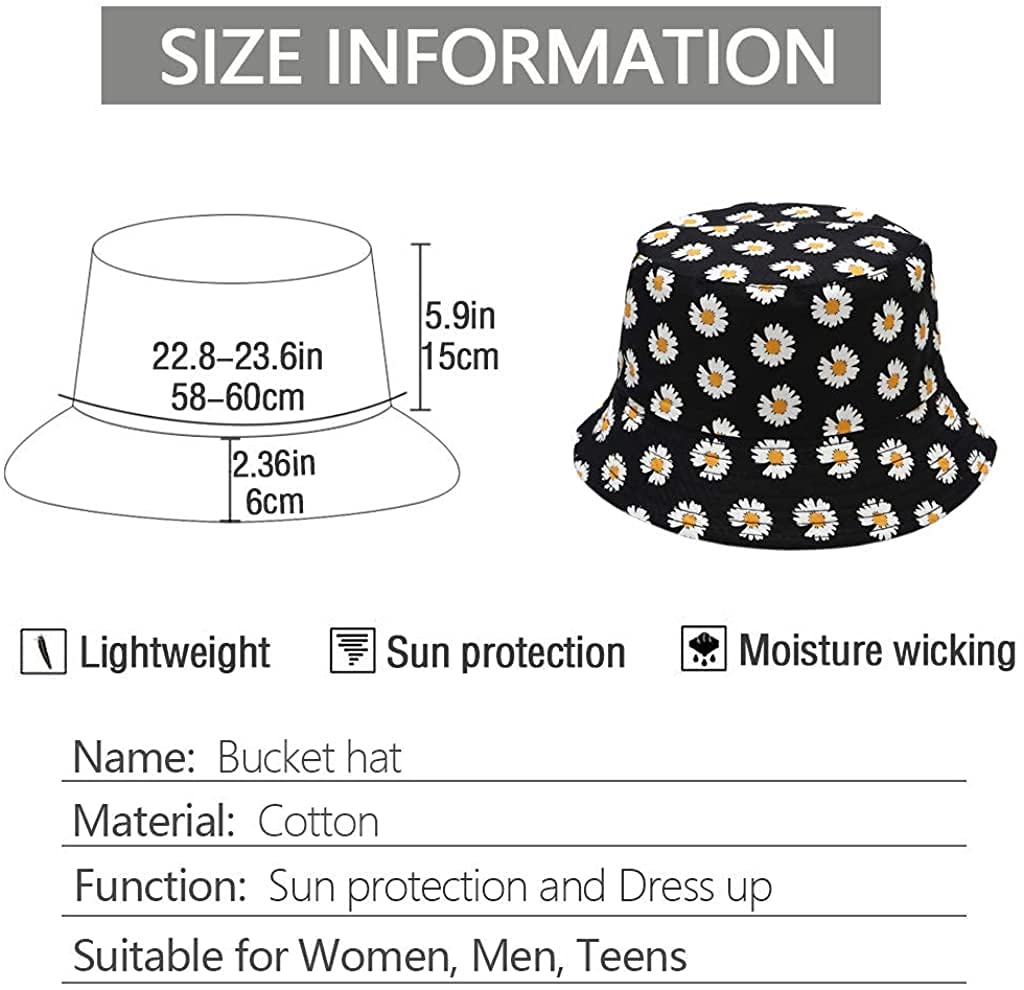 PALAY Bucket Hats for Women Little Daisy Print Cotton Fisherman Beach Hats Foldable Reversible Bucket Outdoor Casual Summer Sun Hat for Ladies Girls Cap (Black)