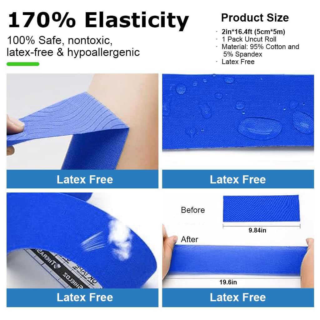 HANNEA Waterproof Kinesiology Tape, Breathable Athletic Sports Tape for Joints Support & Muscle Pain Relief, Muscles, Ankle K Taping Waterproof Athletic Tape for Pain Support, 2in×16.4ft, Blue