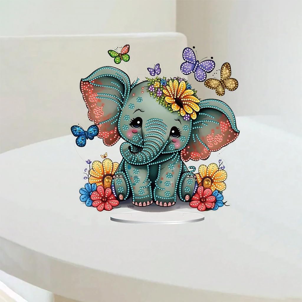 HASTHIP DIY 5D Diamond Painting Art Material Kit 9.5 Inches Acrylic Elephant DIY 5D Diamond Painting Art Desk Decoration with Tools and Color Gem Packs, DIY Diamond Painting Gift