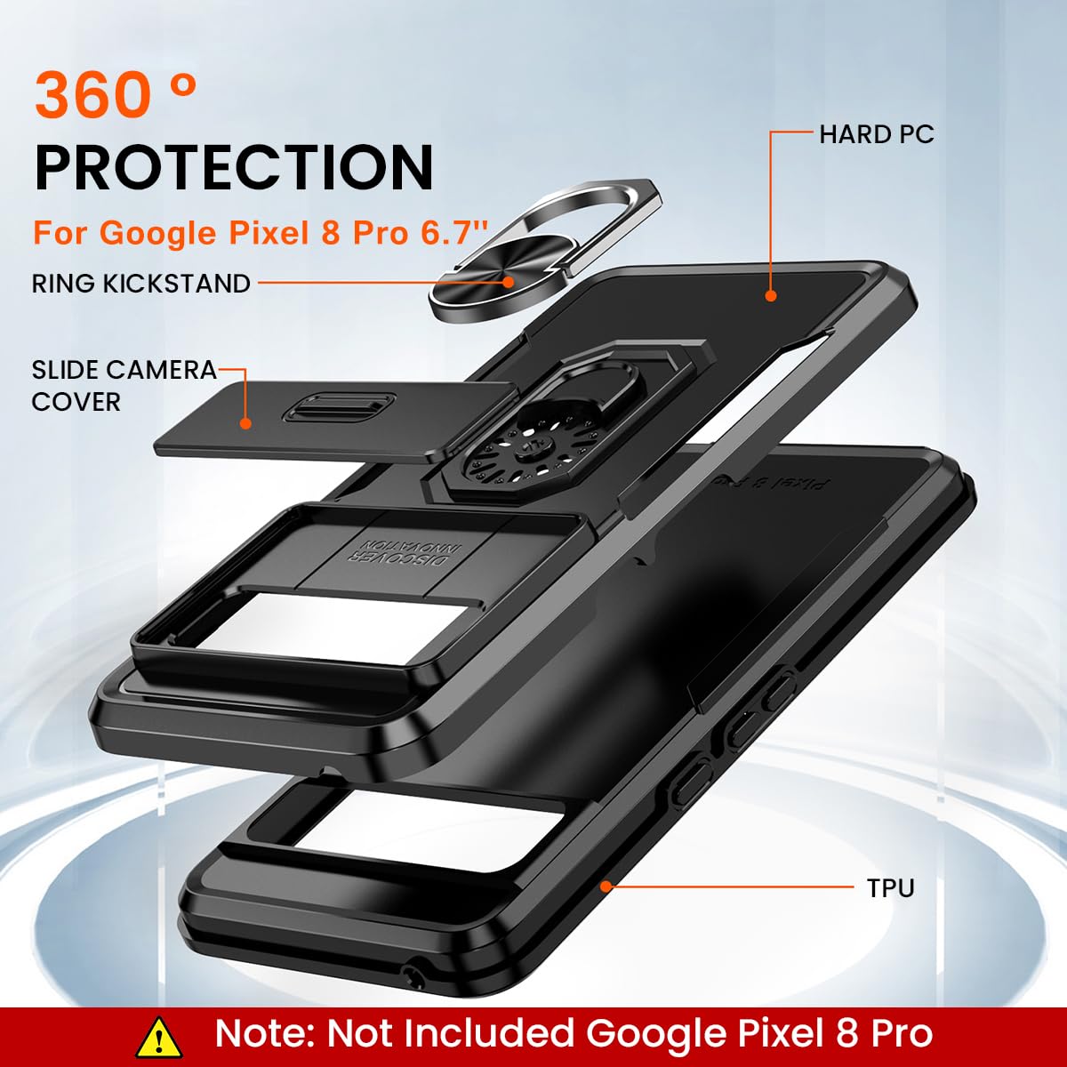 ZORBES Phone Case for Google Pixel 8 Pro 6.7'' Full Protection Phone Cover with Rotatable Kickstand Phone Grip & Sliding Camera Cover Anti-Scratch Phone Protective Case for Google Pixel 8 Pro Black