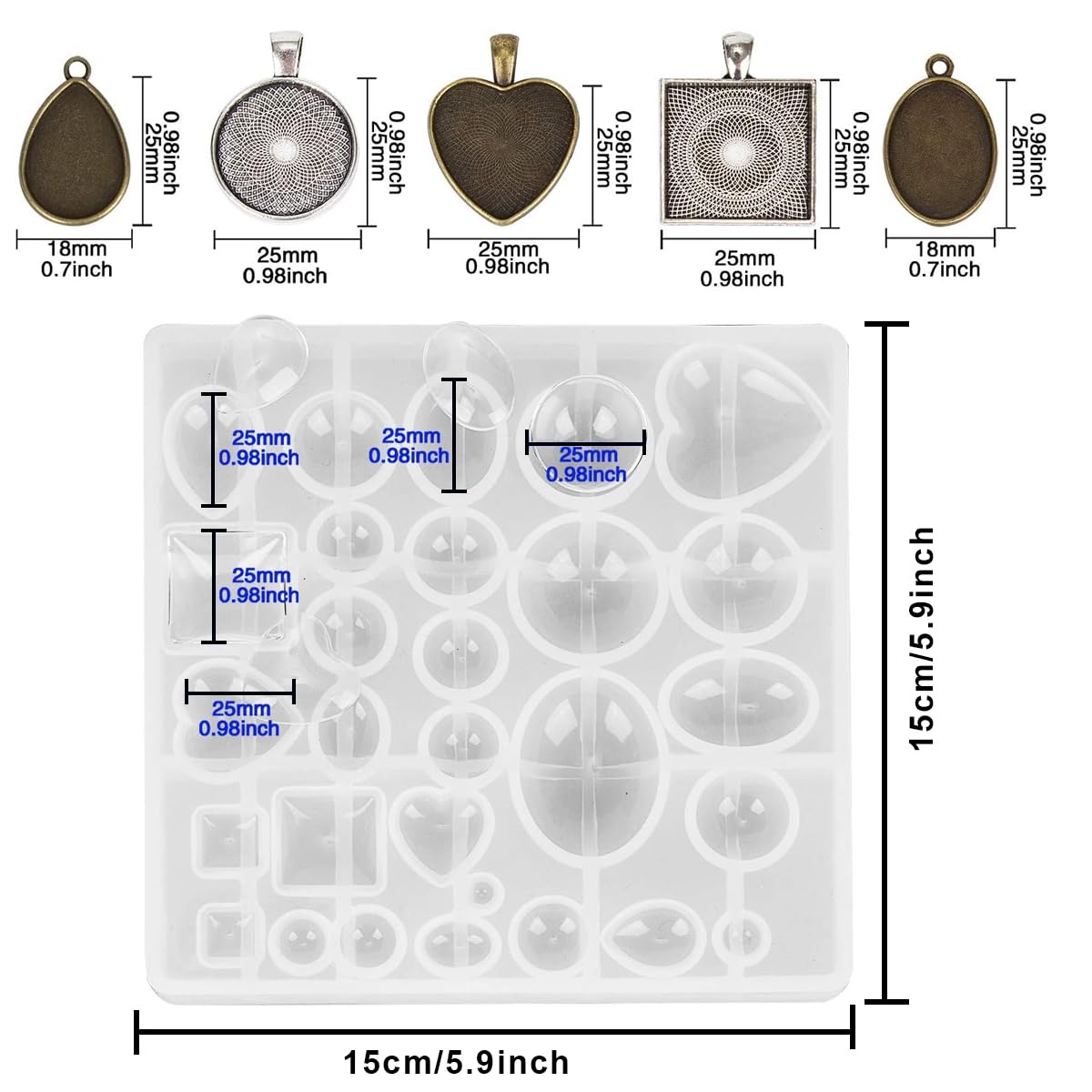 HASTHIP Resin Molds Set Pendant Trays DIY Jewelry Making Resin Molds Set, 30Pcs 5 Styles Metal Pendant and 1 Pc Silicone Epoxy Jewelry Casting Molds for Pendant Crafting DIY Jewelry Gift Making