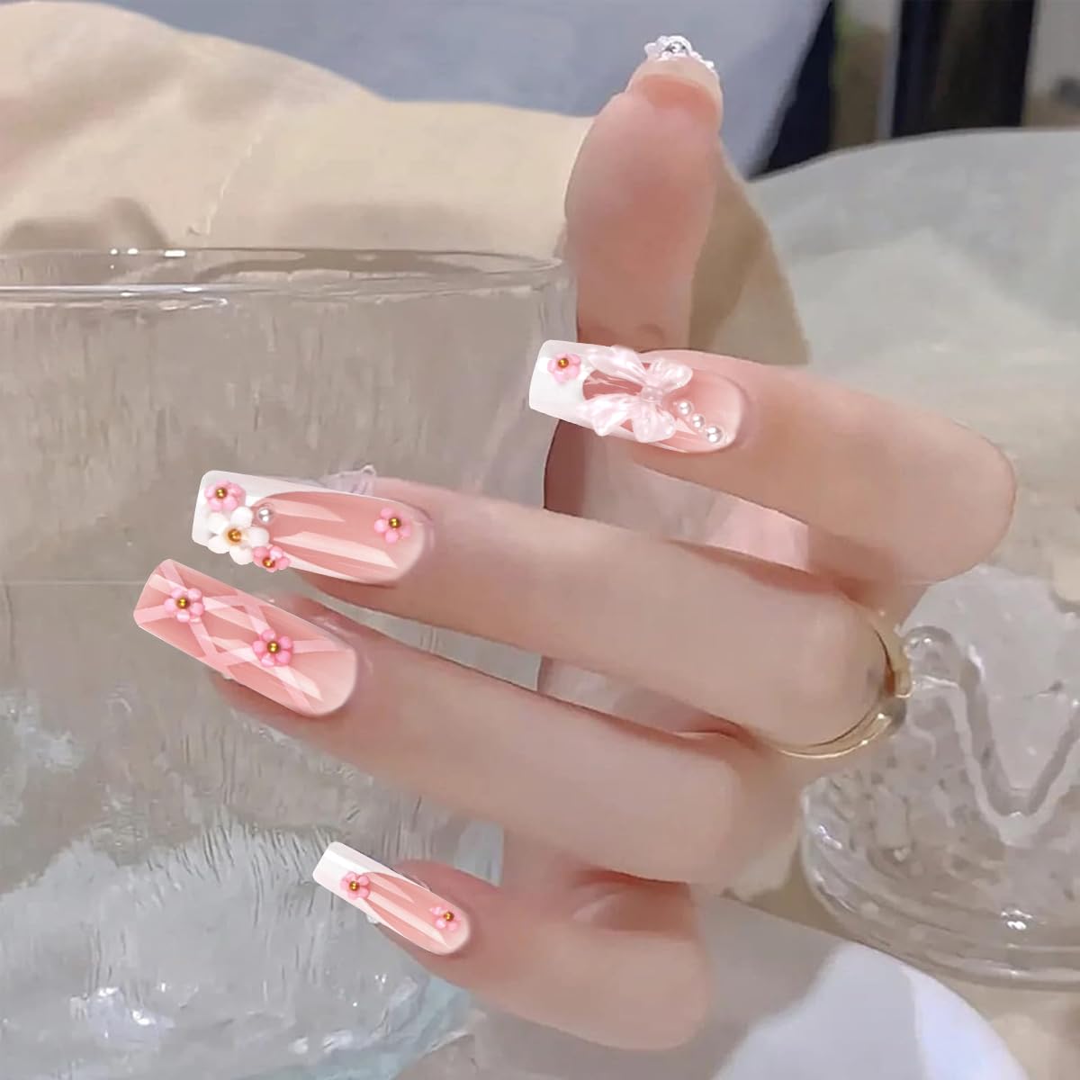 MAYCREATE 24Pcs Press on Nails Medium Long Fake Nails Pink Acrylic French Nails with Designs Glossy 3D Flower Pearl Full Cover False Nail Tips Artificial Nails for Woman Nail Art