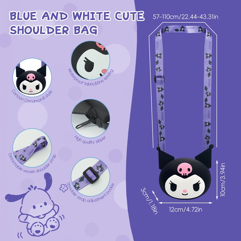 PALAY Mini Earphone Bag Coin Bag Cartoon Kuromi Mini Coin Bag Silicone Earbud Bag Carry Bag with Detachable Shoulder Strap Cute Mini Coin Bag Mini Purse for Kids, Girls, Gift for Girls