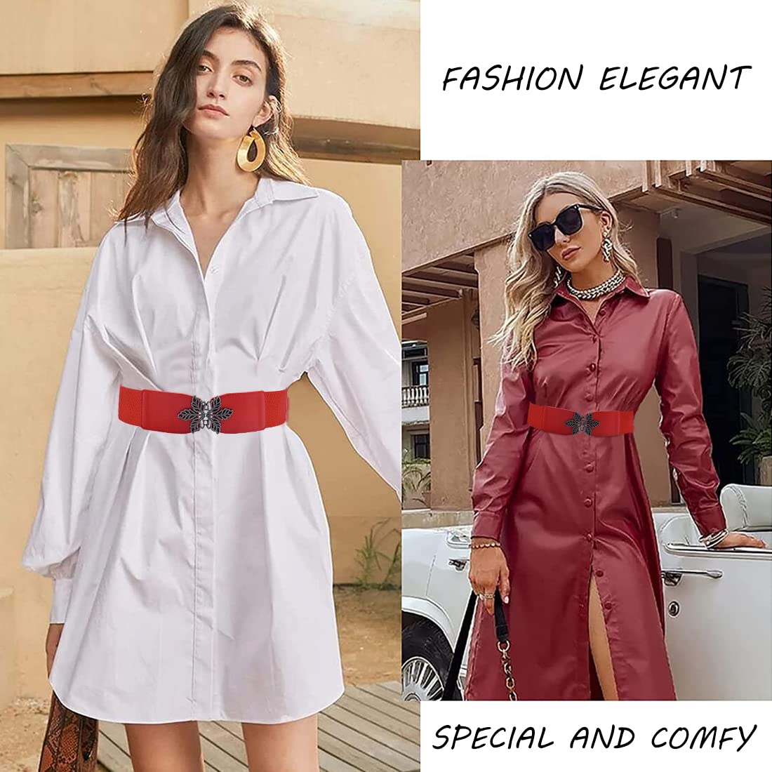 ZIBUYU Women's Faux Leather Belt Fashion Women Wide Elastic Belt For Dress Ladies Stretchy Belt Metal Interlocking Buckle (Red)