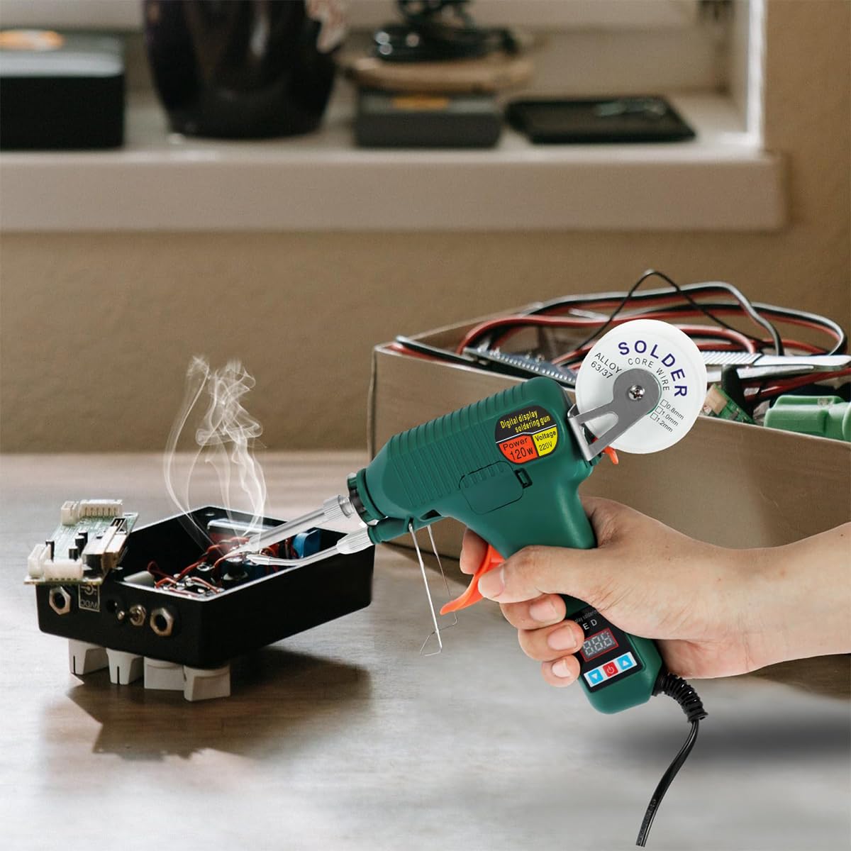 Serplex 120W Soldering Gun with Switch LCD Digital Display Wired Handheld Soldering Gun 180-520°C Temp Adjsutment Ceramic Heater Quick Heating Auto Tin Wire Feeding