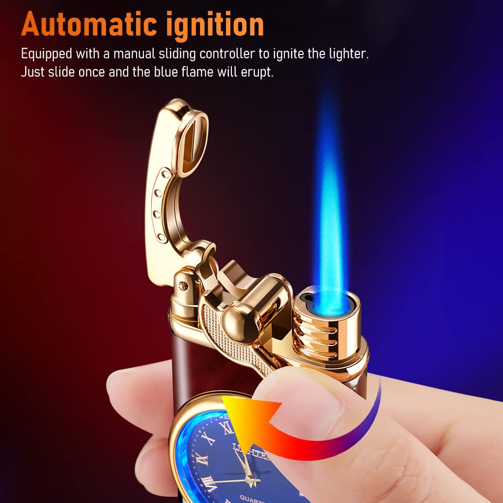 GUSTAVE Cigarette Lighter with Lighted Electric Watch, Refillable Butane Lighter Cigar Lighter, Windproof Portable Candle Lighter for Grills BBQ Fireplaces Camping (Without Gas)