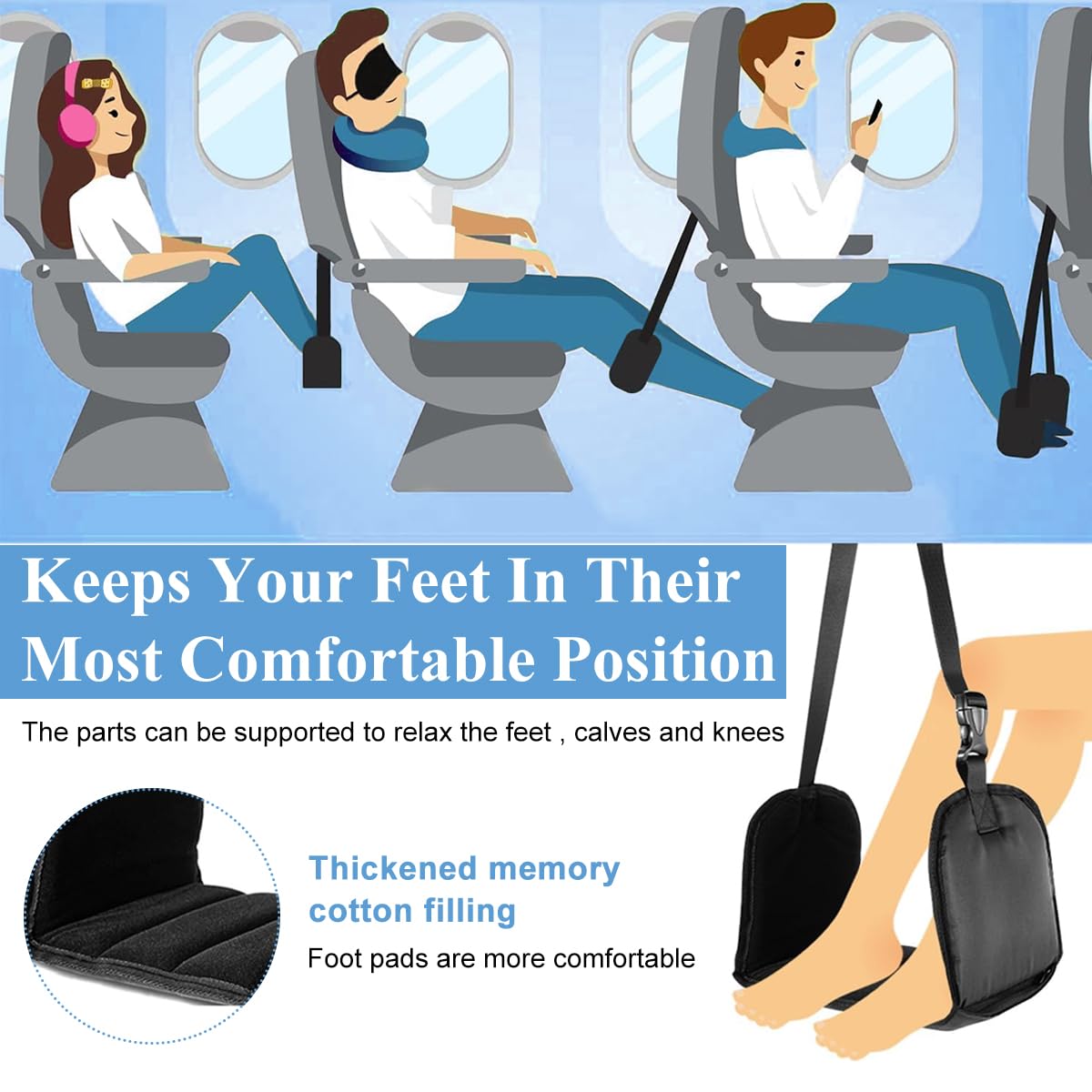HASTHIP Airplane Footrest Hanging Travel Foot Rest with Ear Plugs & Eye Mask, Airplane Travel Accessories, Foot Hammock Portable Plane Leg Rest, Provides Relaxation and Comfortable for Long Flight