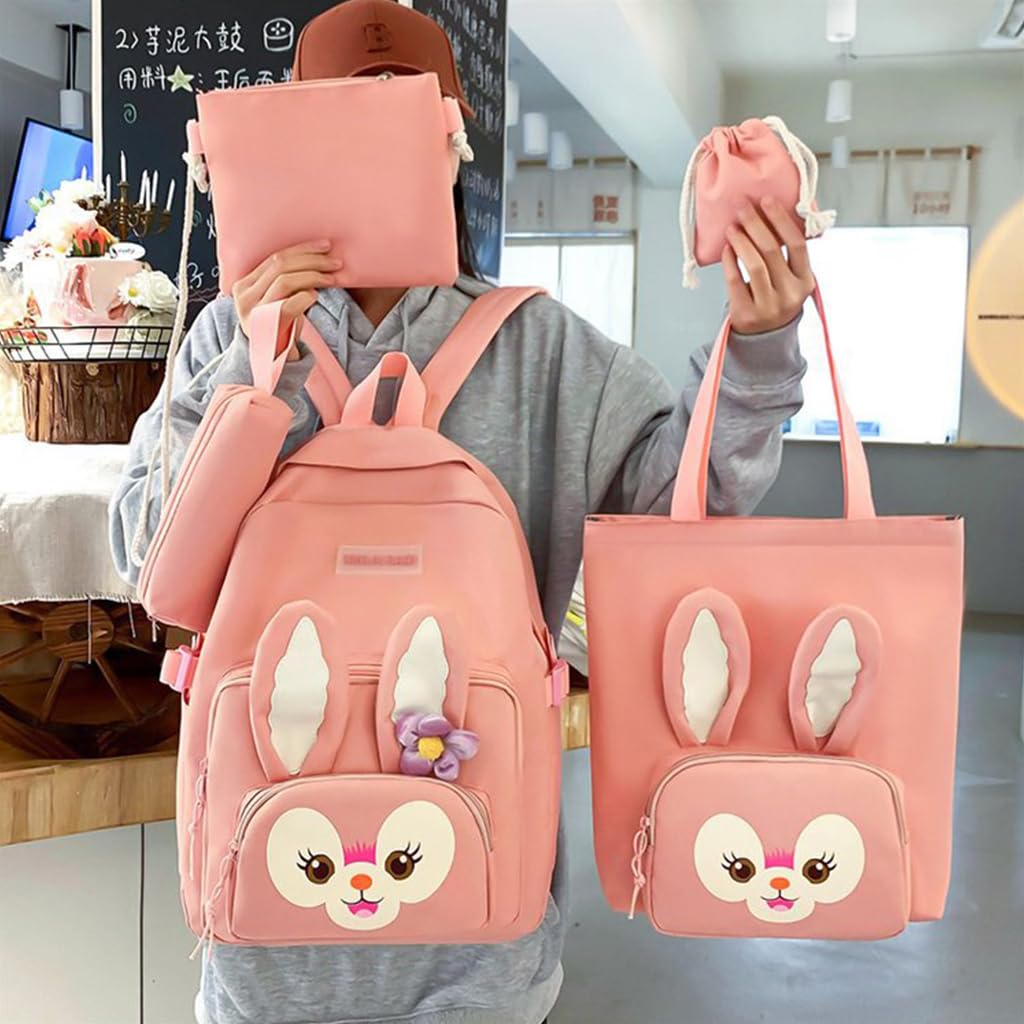 PALAY 5Pcs Set Cute Backpack for Girls Canvas Backpacks Set with Canvas Tote Bag Waterproof Multi-Pocket Kawaii School Backpack for Kids Laptop School Bag