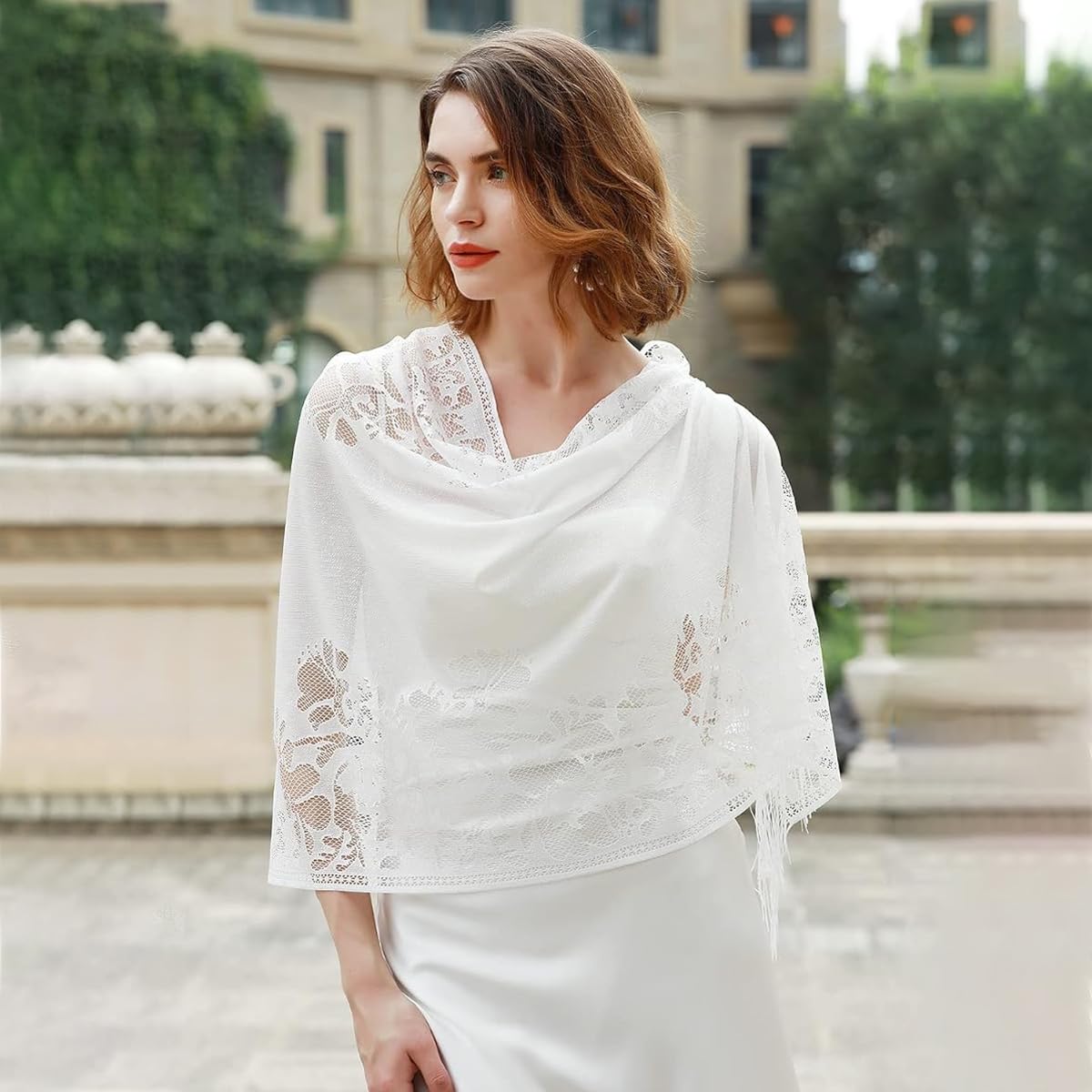 PALAY Floral Lace Scarf Shawl with Tassel, Sheer Soft Mesh Fringe Wraps Hijab Long Shawl for Women Wedding Evening Party Dresses (White, 180x65cm)
