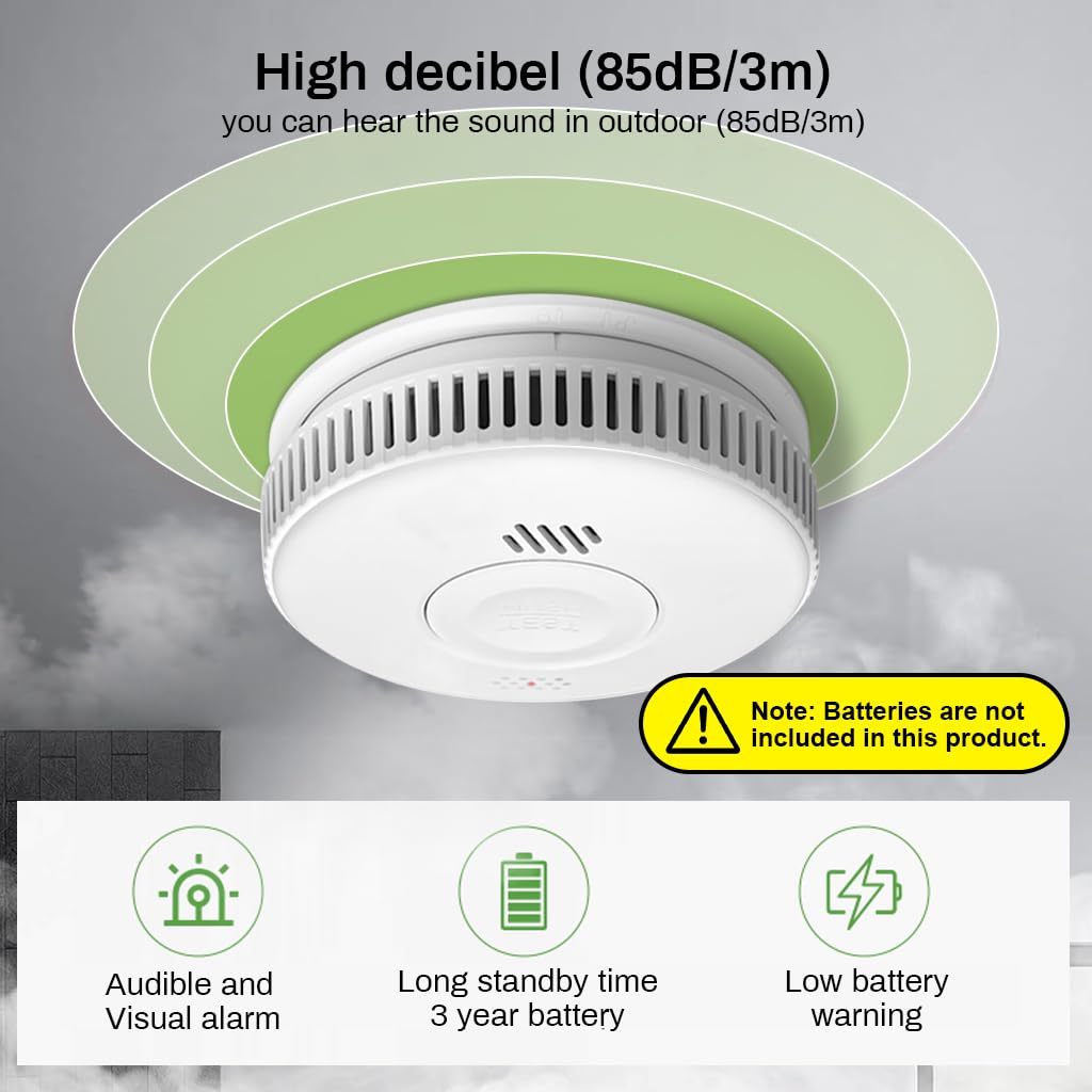 HASTHIP Smoke Detector with Alarm, Smoke Detector Fire Alarm with Photoelectric Technology, Smoke Alarm with Test/Silence Button, Light Sound Warning 2xAA Battery Powered (NOT Included)