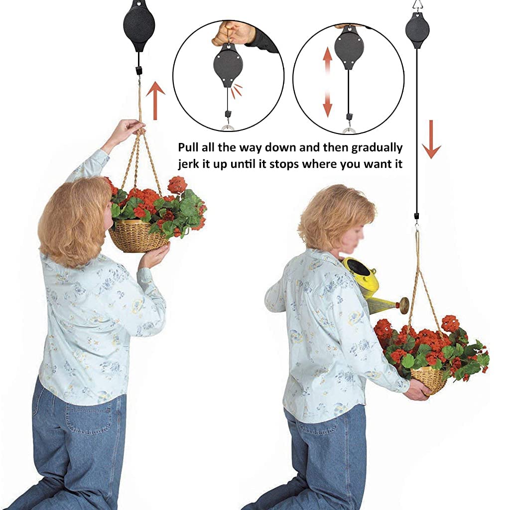 HASTHIP 2Pcs Hooks for Hanging Plants, Retractable Plant Hanger Easy Reach Hanging Flower Basket, Plant Hook Pulley for Garden Baskets Pots and Birds Feeder