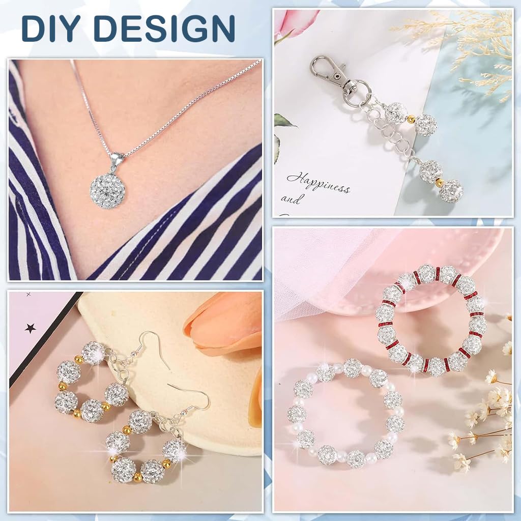 SANNIDHI 100Pcs Rhinestone Crystal Beads for Jewellery Making, 10mm Sparkle Clay Beads Kit, Polymer Ball Round Bracelet Beads White Craft Beads for Necklace Bracelet Earring Making Party Decor