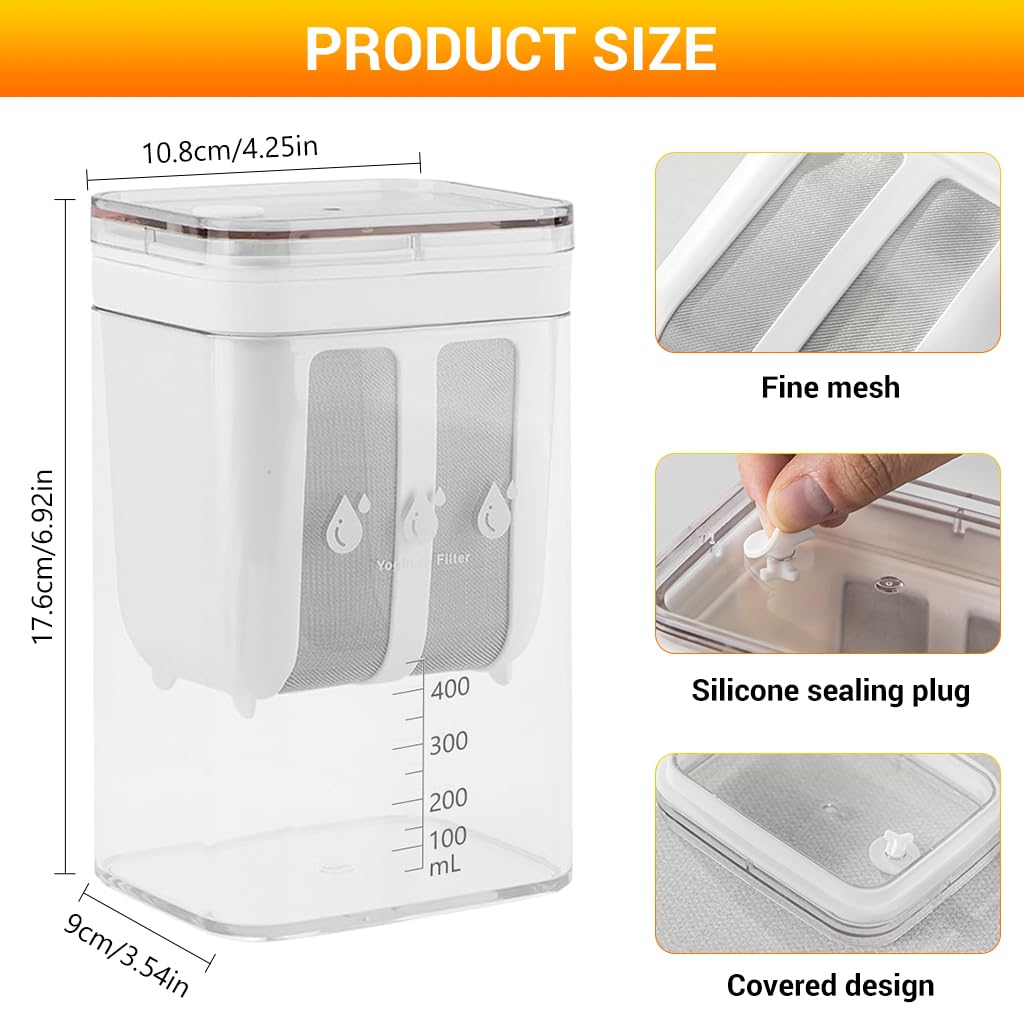 HASTHIP 1100ML Yogurt Strainer,Yogurt Filter Milk Strainer with Fine Mesh Bag,Lid And Scale Mark, for Making Thick Greek Yogurt,Soybean Milk,Kefir,Berries,Soup,Fruit Juice,Coffee