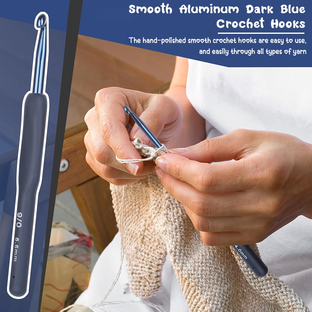 ZIBUYU Crochet Hooks Set of 9Pcs Aluminum Crochet Hooks 2.0 mm-6mm TPR Rubbrized Handle Crochet Hooks DIY Crochet Hooks for DIY Crochet Projects Beginners Crochet Hooks Set, Dark Blue