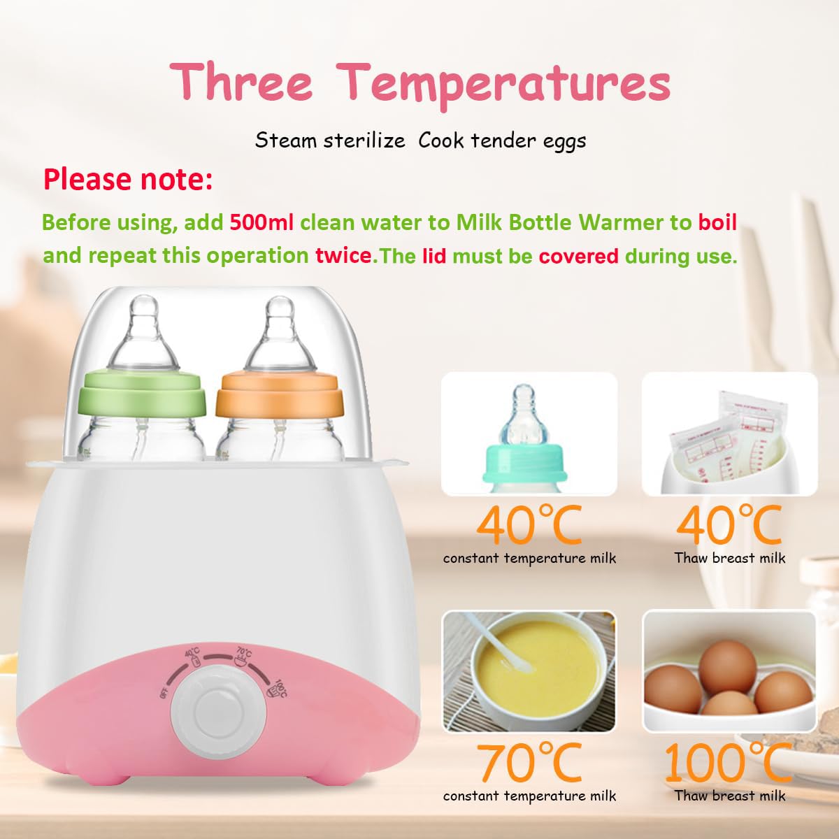 Supvox Bottle Warmer for Babies Milk Electric 6 in 1 Sterilizer for Feeding Bottles with 8-15 Mins Fast Warming, 24H Keep Warm Food Heating Timer Adjustable Temp Baby Bottle Sterilizer Machine(Pink)