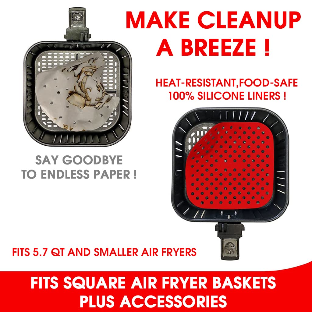 HASTHIP 2Pcs Air Fryer Liners, 8.5 Inch Air Fryer Silicone Baking Tray, Air Fryer Accessories, Non-Stick Air Fryers Basket Oven Accessories, Square Air Fryer Oven Pads (1 Red + 1 Black)