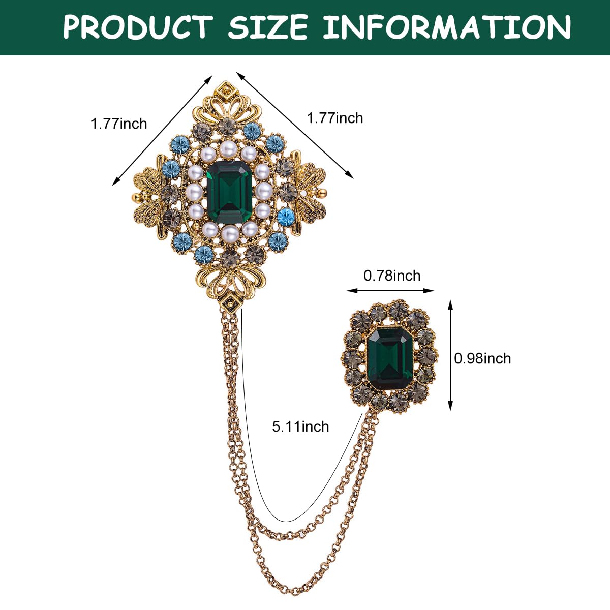 SANNIDHI Rhinestone Brooch Emerald Setting Sherwani Brooch Pins for Coat/Robe/Gown/Shawl, Saree Brooch for Women Heavy Duty Zinc Alloy Chain Brooch for Men Brooch, Gold