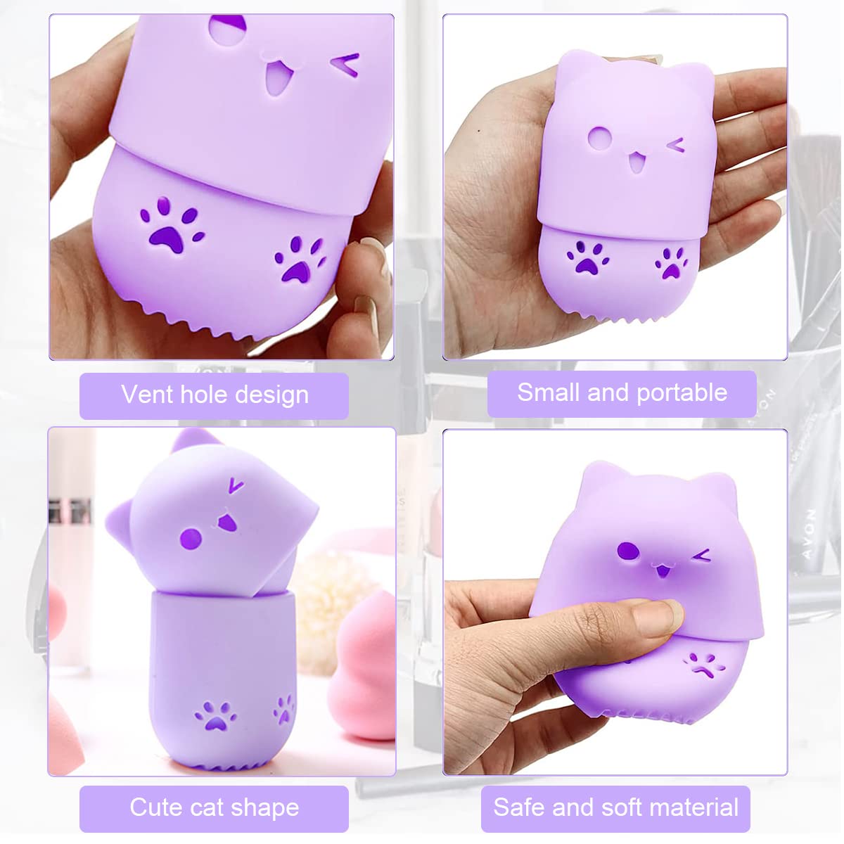 MAYCREATE Makeup Sponge Holder Cute Silicone Beauty Blender Sponge Organizer Travel Sponge Blender Storage Carrying Case Breathable Dry Rack Container (Purple)