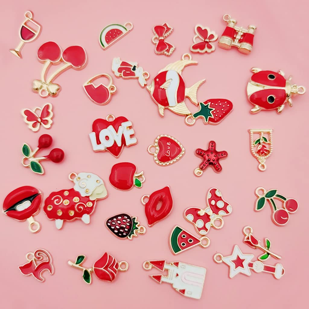 ZIBUYU Pendant Charms for Jewellery Making Kit Assorted Cartoon Red Enamel Pendants Gold Plated DIY Charms Necklace Bracelets Pendent for Making Jewelry and DIY Crafting Kids - 31 Pcs