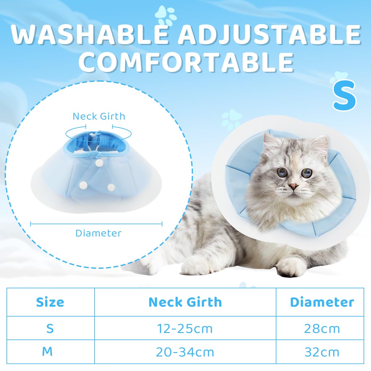 Qpets Cat Cone PVC Cat Recovery Cone with Soft Pillow, After Surgery for Anti-Licking Cat Cone, Surgery Recovery Cone for Small Pet (M, 20-34cm)