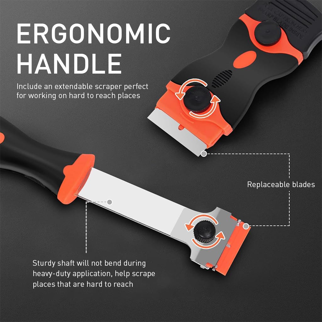 Serplex Razor Scraper Glue Remove Tool Set of 5 Razor Scraper Tool with 10 Plastic and 10 Metal Razor Blades Extendable Scraper Tool for Removing Stickers, Labels on Wall, Glass, Tiles