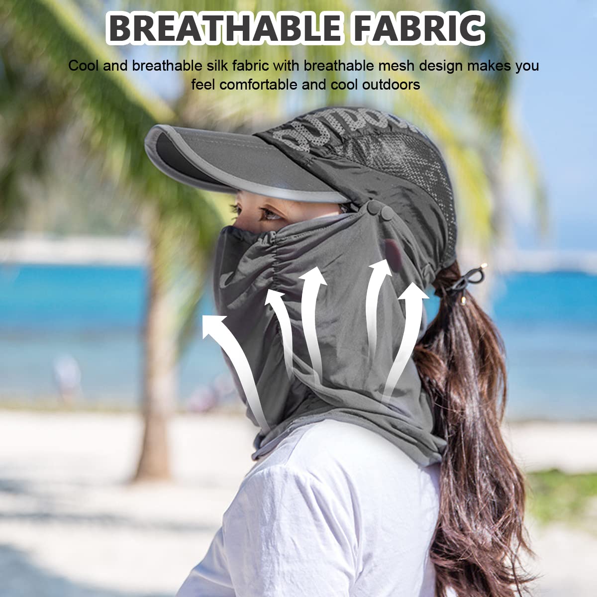 PALAY Sun Hats for Women with Face & Neck Flap, Foldable Fishing Hat Caps for Women Detachable Face Mask Cover Set, Fashion Breathable UV Protection Hat for Cycling Camping Hiking (Grey, UPF 50+)