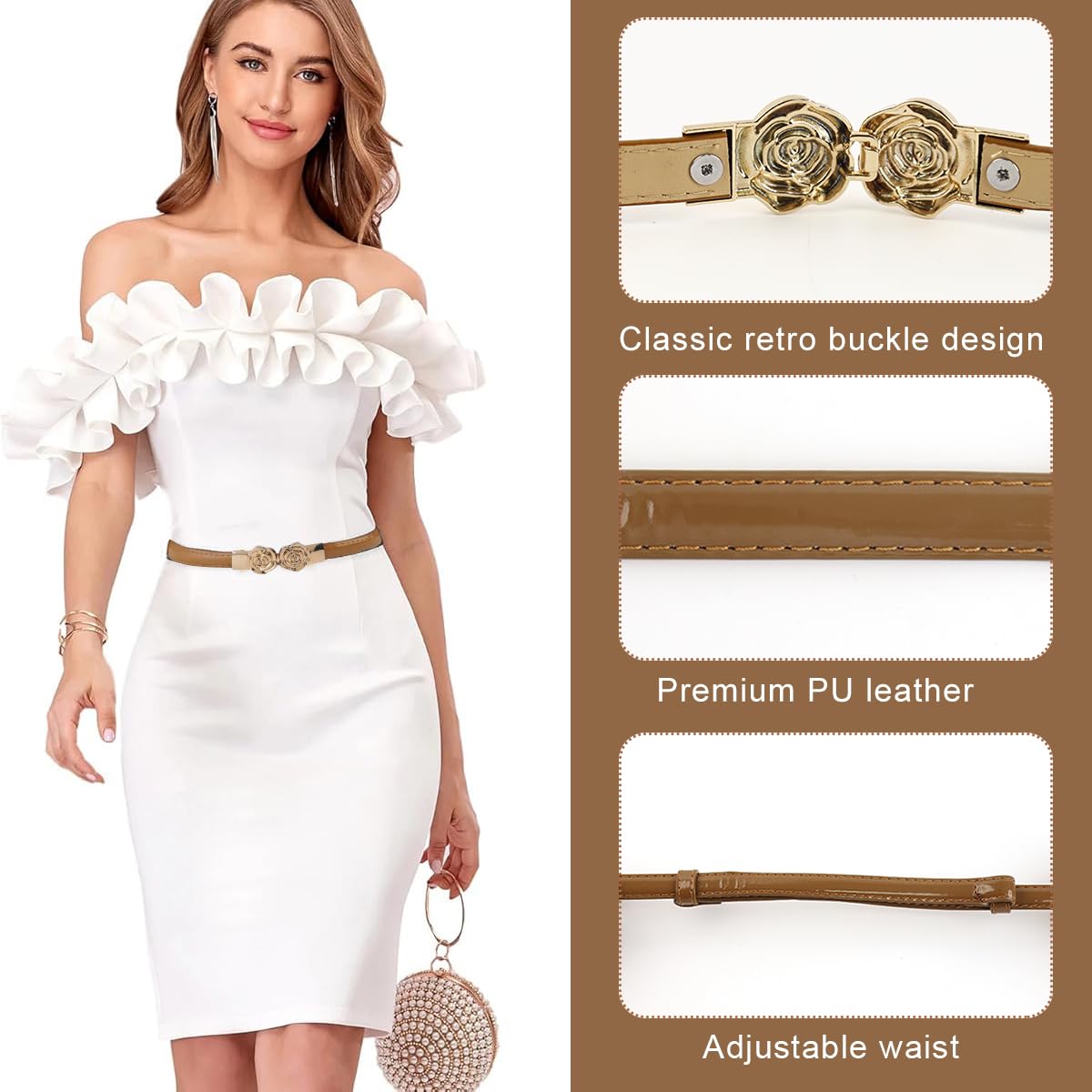 PALAY Women Belt Fashion PU Narrow Belt Golden Rose Interlock Buckle PU Slim Belt 40 Inches Adjustable Women Slim Belt for Casual Blazer, Formal Suit, Gown, Evening Dress