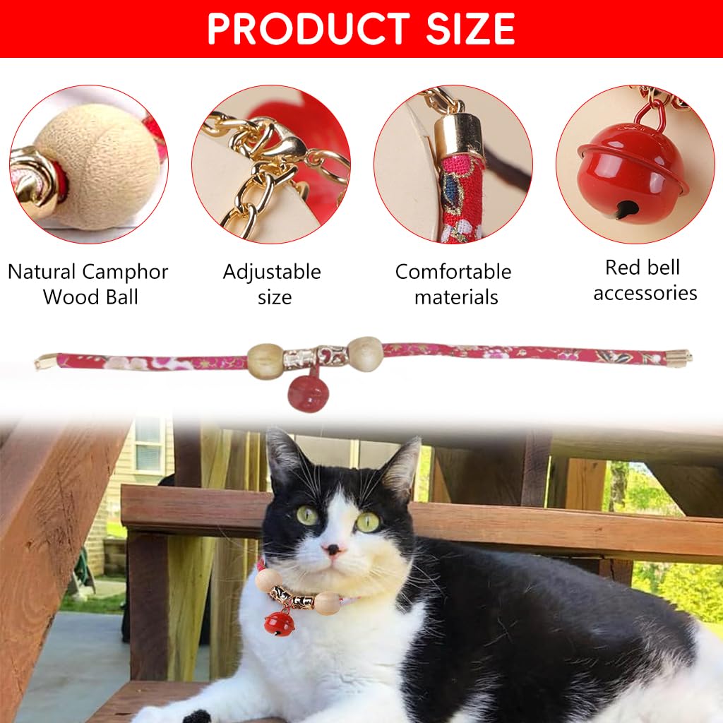 Qpets Cat Collar with Red Bell, Cute Cat Collar Adjustable Cat Collar Flea Prevention Cat Collar Natural Pet Friendly Camphor Wood Balls