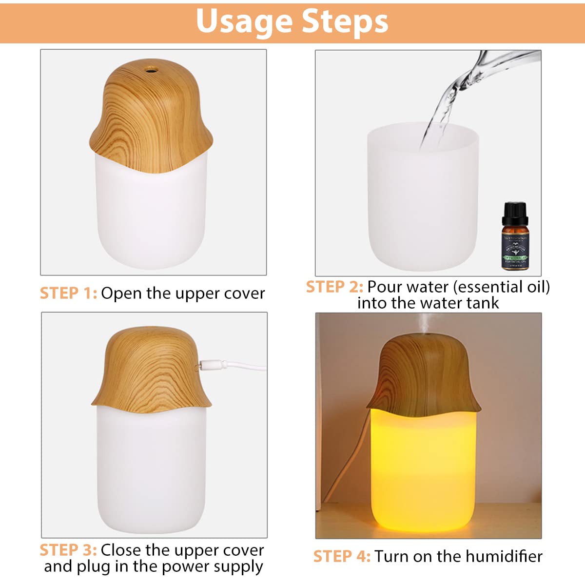 HANNEA Humidifier 230ml USB Aromatherapy Diffuser Night Light Quiet Aroma Humidifier for Bedroom, Living Room, Office, Car