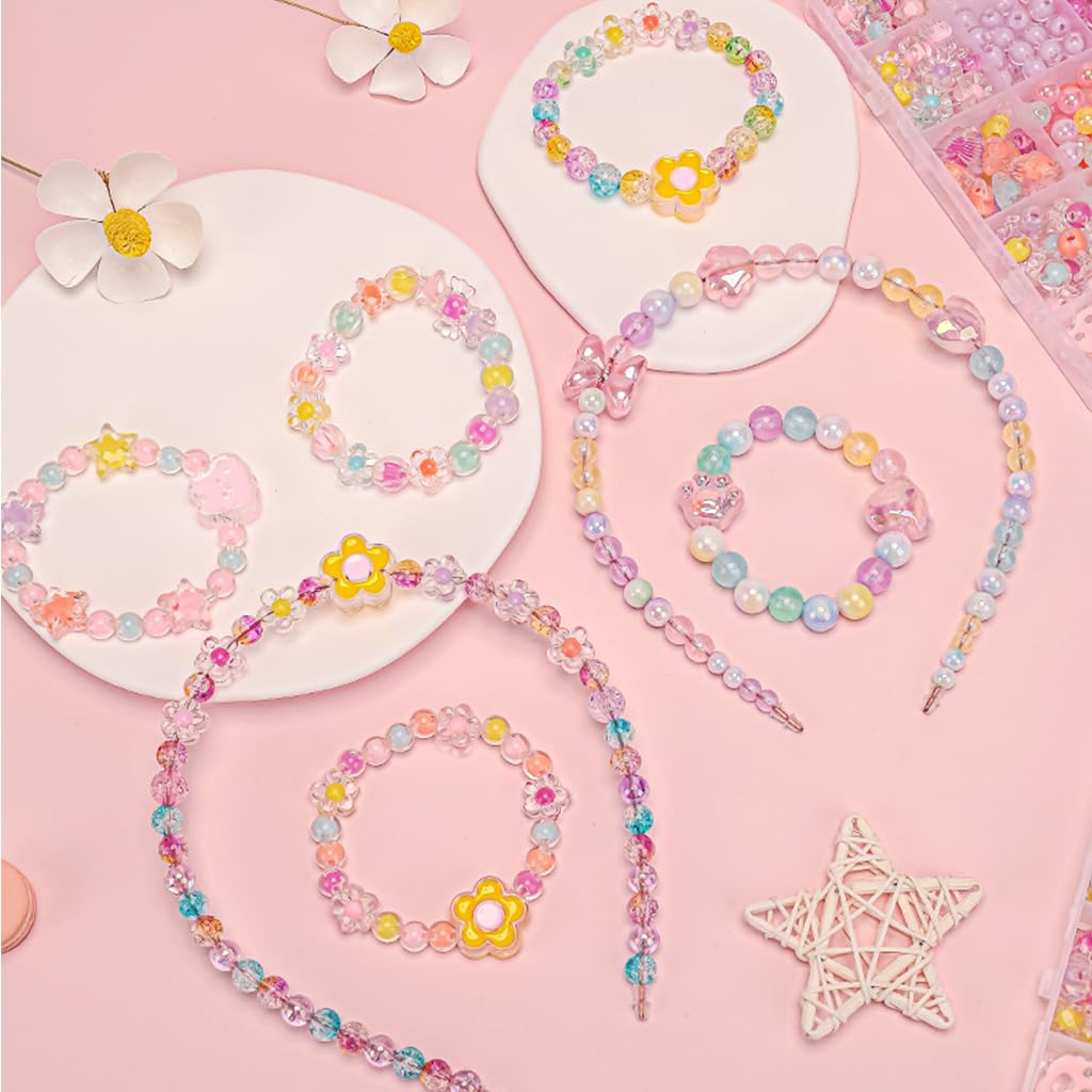 SANNIDHI 500Pcs Candy Cute Beads, Clear Acrylic Pearl Beads for Bracelet Making, Assorted Shiny Colourful Beads, Aesthetic Round Flower Heart Beads for Jewelry Making Girls Kids DIY Necklace Hairband