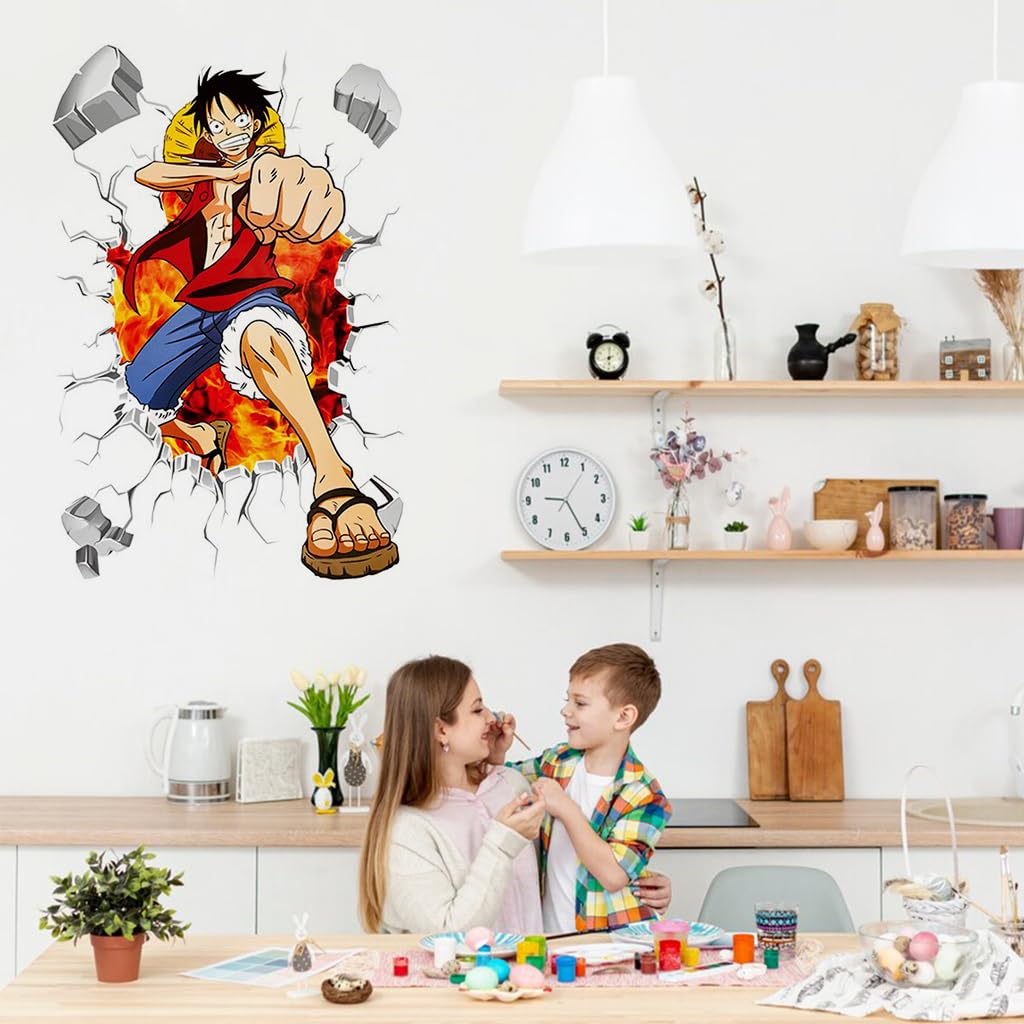 HASTHIP 1 Sheet 3D Wall Paper Sticker Anime Onepiece Monkey D Luffy 3D Wall Paper Self Adhesive PVC Wall Paper Removable Cartoon 3D Wall Paper for Kids Room, Bed Room, Living Room, 19.6 x27.5 inches