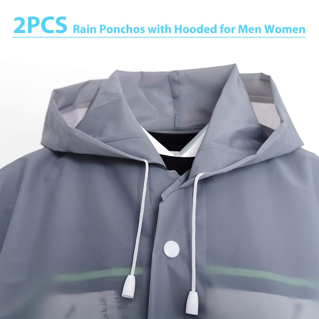 Optifit 2 Pcs Reusable EVA Raincoats with Hood Unisex Rain Ponchos Hooded Raincoat for Camping, Hiking, Music Festival & Outdoor Activities (Grey)