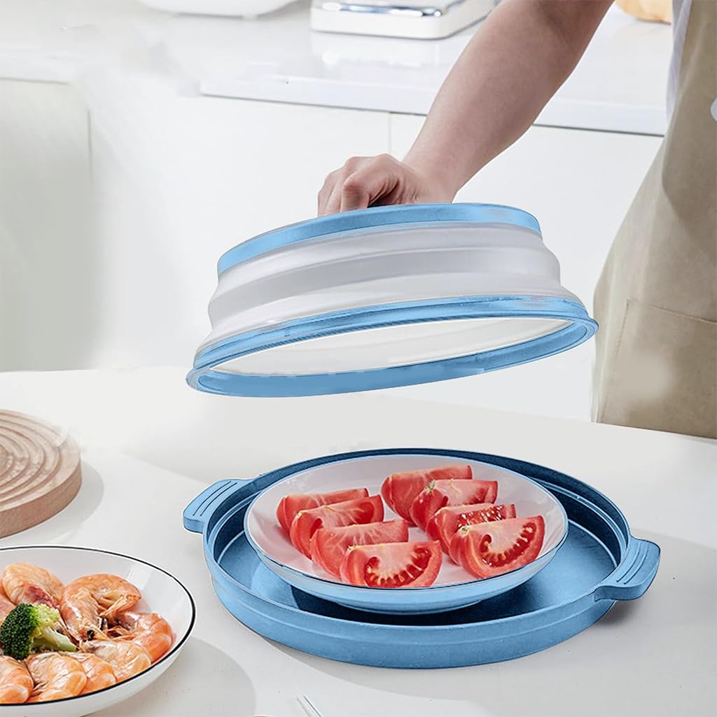 HASTHIP Microwave Splatter Cover & Tray Microwave Dish Cover Lid for Heating 10.6 Inch Dishes Splatter Cover Collapsible Lid Heat Resistant Dish Tray with Ears Space Saving Kitchen Dish Cover