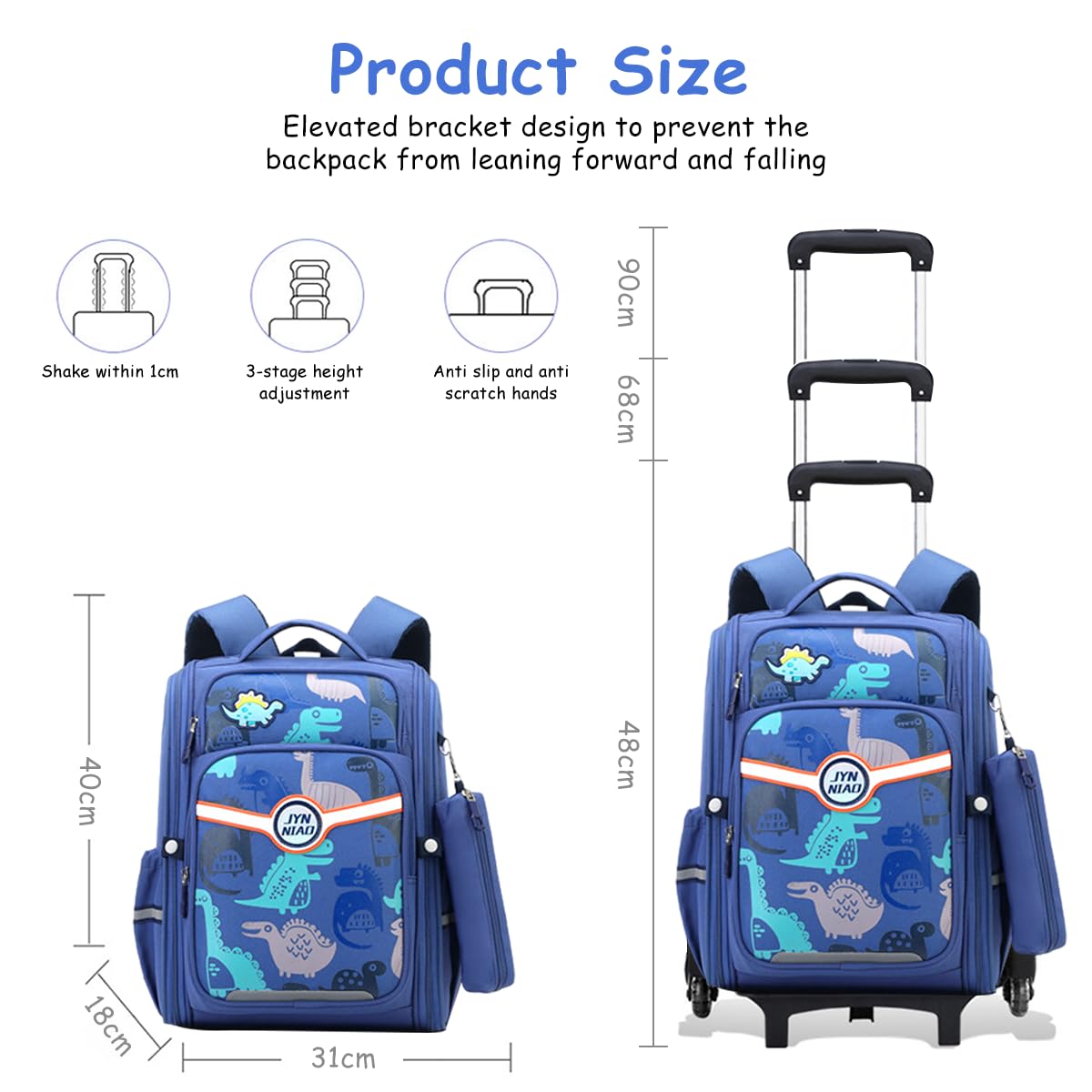 PALAY School Backpack for Boy Backpack on Wheel SchoolBoy 6-12 Years Old Waterproof Cartoon Print Boys Backpack with Detachable Wheel Stand Lightweight Travel Backpack for Kids