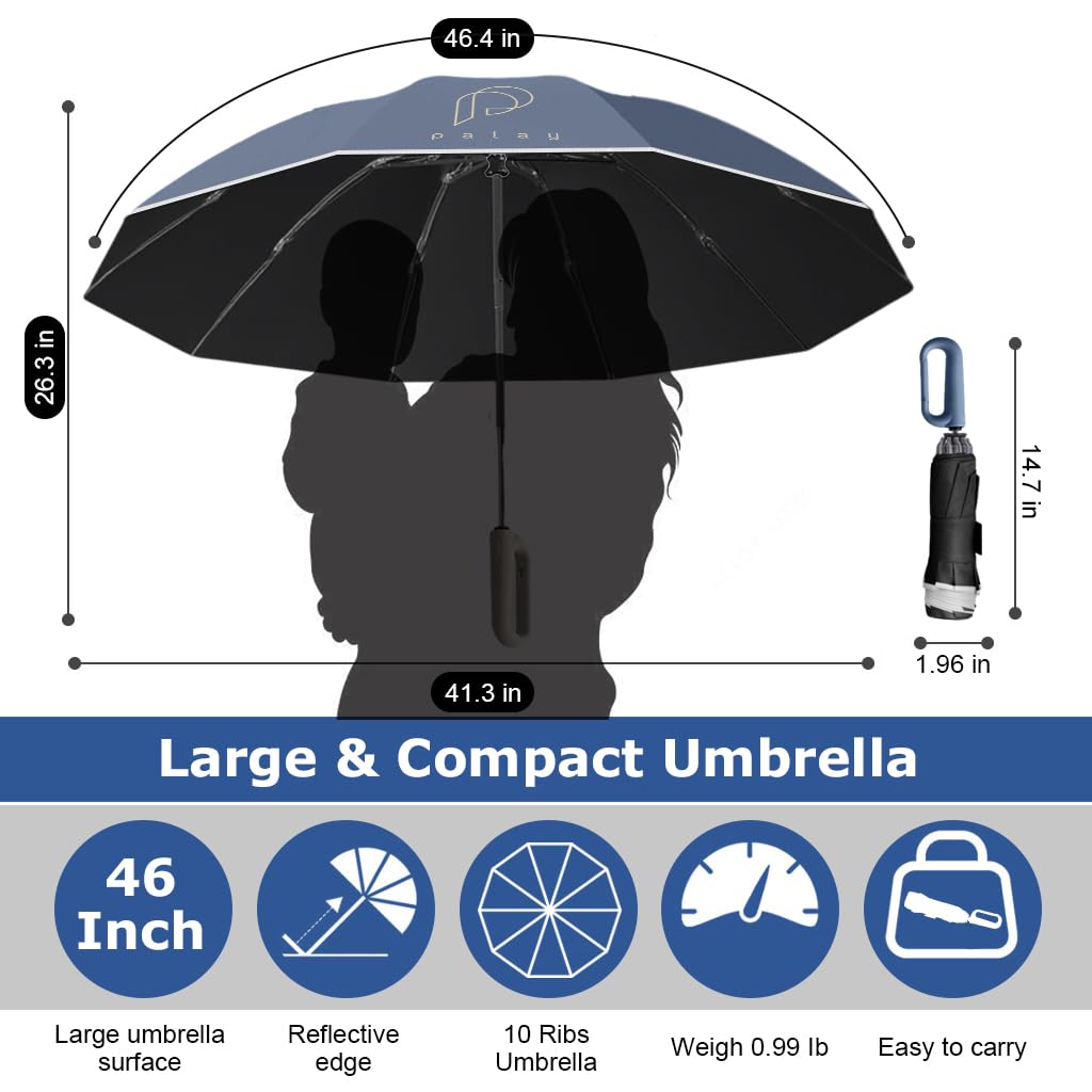 PALAY Large Umbrella for Men Women with Reflective Strap, 50'' Automatic Open/Close Windproof Travel Folding Umbrella, Reinforced 10 Dual Ribs, 99 UV Protection Umbrella with Carabiner Handle Design