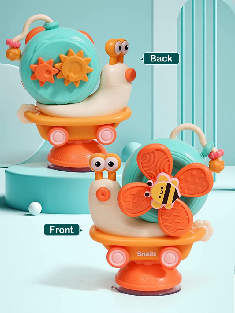 PATPAT Baby Bath Toys Cartoon Snail Sensory Toys for Babies Newborn Toys Pull Back Car High High Chair Toy for Airplane Travel, Montessori Toys & Gifts for Toddlers Boys Girls 1-3 Years Old, Orange