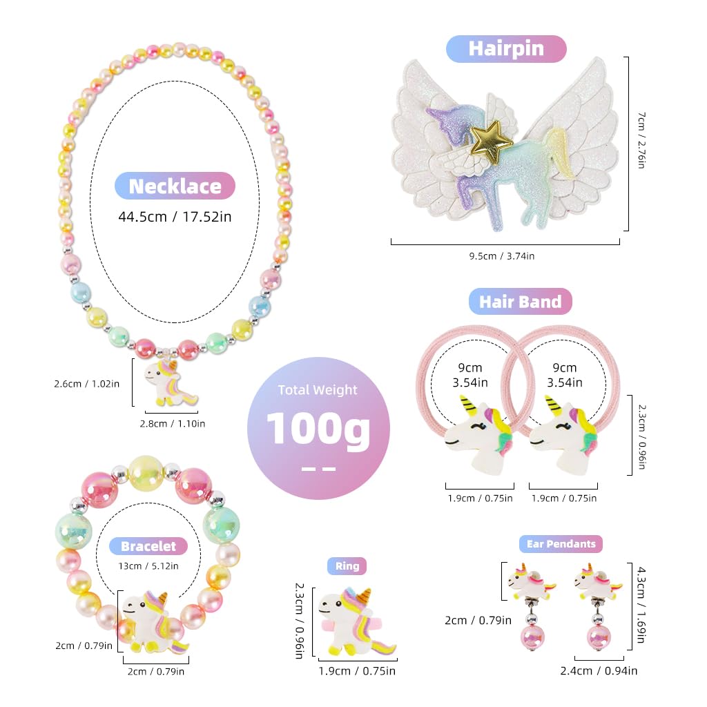 SANNIDHI Unicorn Kids Jewellery Set for Girls Pearl Beads Bracelet, Necklace, Earrings, Ring Combo Kit for Party Costume Bracelet Necklace Set for Kids Girls Birthday Gift for Girls - 8 Pcs