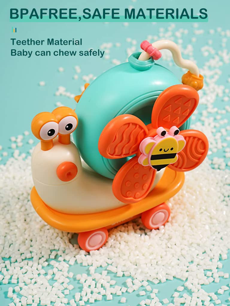 PATPAT Baby Bath Toys Cartoon Snail Sensory Toys for Babies Newborn Toys Pull Back Car High High Chair Toy for Airplane Travel, Montessori Toys & Gifts for Toddlers Boys Girls 1-3 Years Old, Orange
