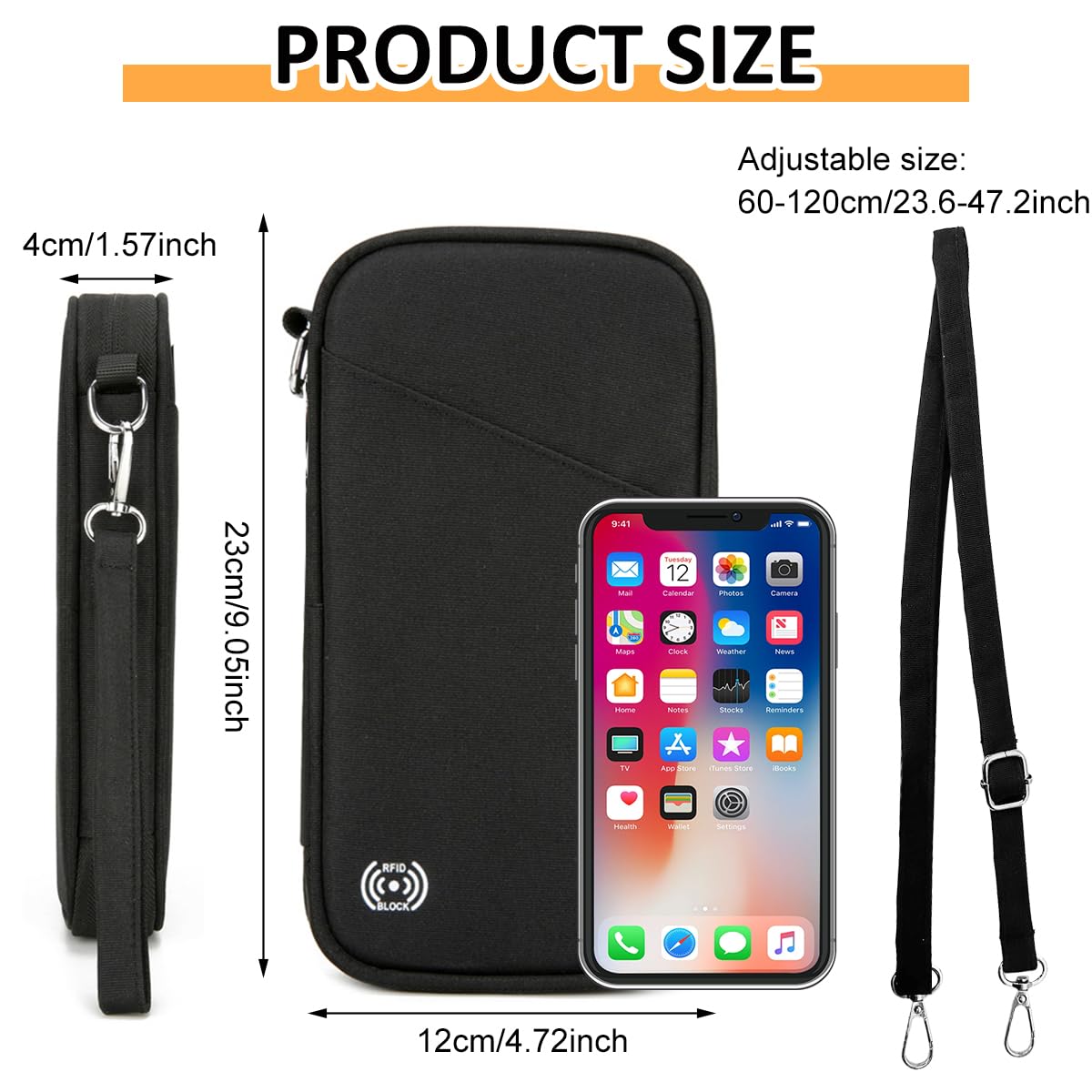 PALAY Travel Passport Holder Passort Bag Multi Compartments Zipper Pouch Bag RFID Blocking Cards Bag Oxford Cloth Travel Phone Sling Bag with Handstrap & Removable Shoulder Strap